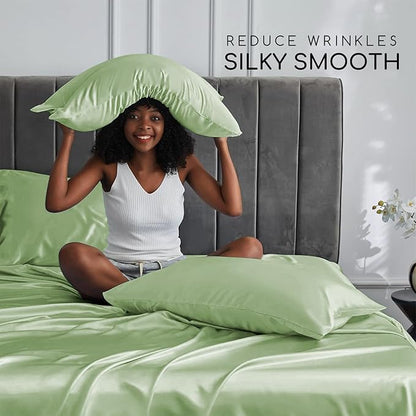 MR&HM Satin Bed Sheets with Elastic Corner Straps, Queen Size Sheets Set, 4 Pcs Silky Bedding Set with 15 Inches Deep Pocket for Mattress (Queen, Light Sage)