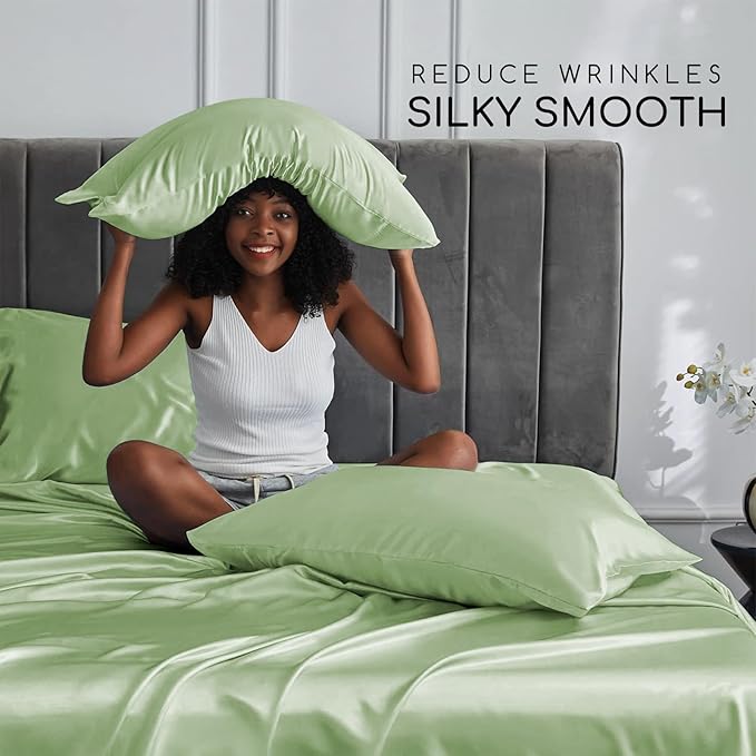 MR&HM Satin Bed Sheets with Elastic Corner Straps, King Size Sheets Set, 4 Pcs Silky Bedding Set with 15 Inches Deep Pocket for Mattress (King, Light Sage)