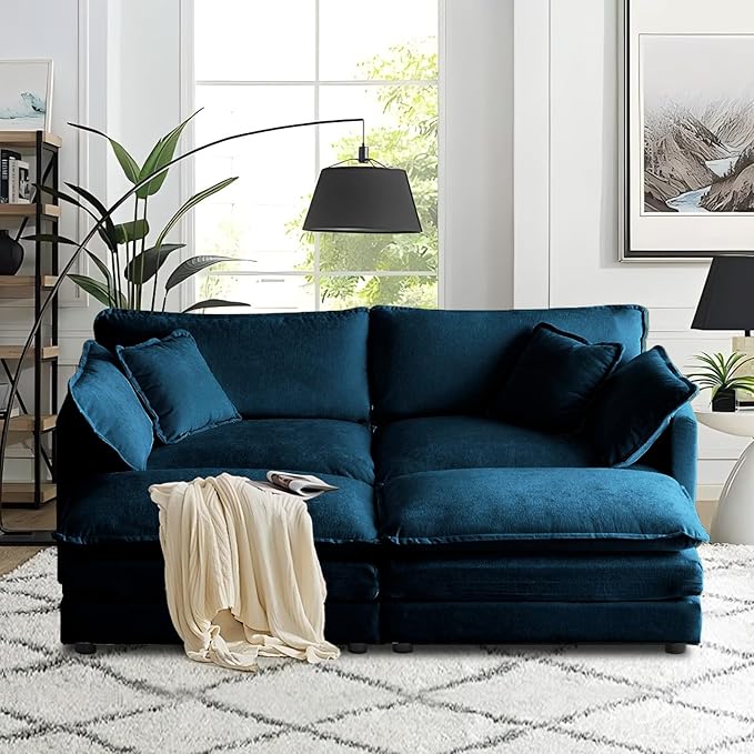 SoarFlash Chenille Sectional Sofa, Comfy Modular Coush Sofa with Ottoman, Modern 2 Seat Recliner Deep Seat Sofa Set for Living Room,Deep Blue