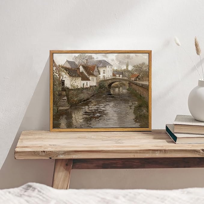 KBKBART Vintage Wall Art, Retro European Village Country Framed Canvas Art Prints Painting Farmhouse Decor, Rustic Impressionism Scenic Landscape Wall Decor for Bathroom, Bedroom Living Room, Vintage Wall Decor(9"x11")