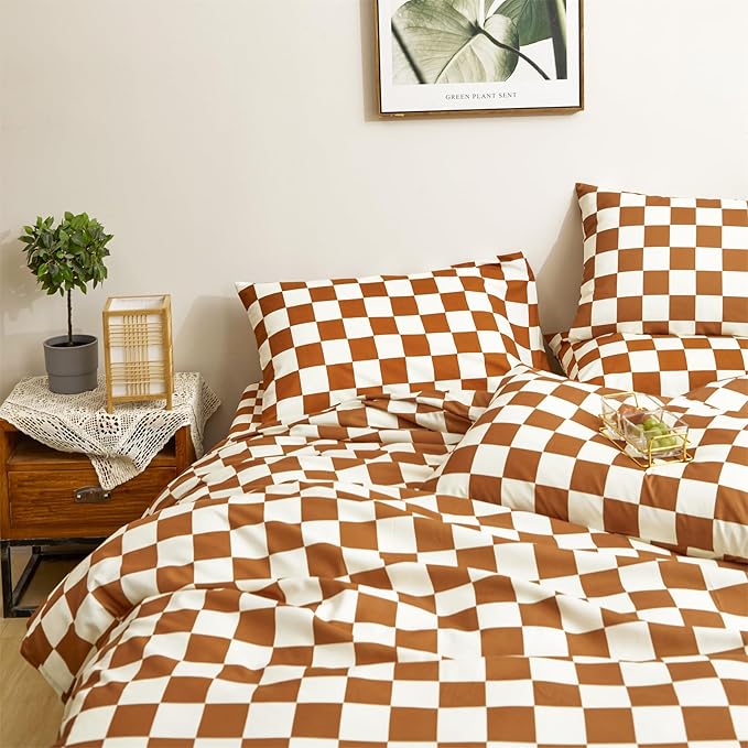 CLOTHKNOW Pumpkin Plaid Comforter Sets Twin/Twin XL 3Pcs Brown Grid Bedding Comforter Sets Rust Bedding Sets