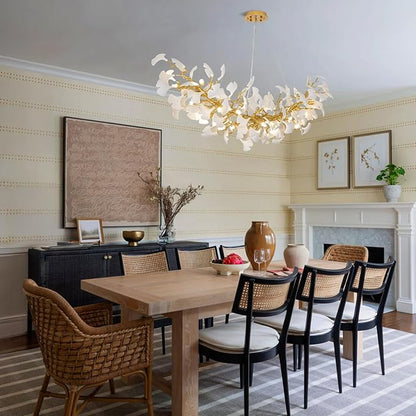Modern Gold and Wtite Large Rectangle Tree Branch Dining Room Chandeliers, 72" Rectangle Ceramic Ginkgo Leaf Chandelier, Linear Chandeliers for Dining Room,Kitchen,Hanging Chandelier