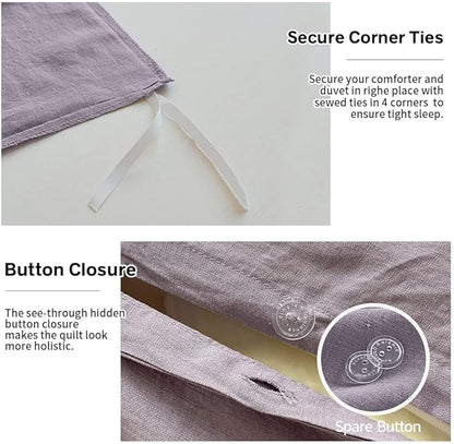 Simple&Opulence 100% Linen Duvet Cover Set with Washed-French Flax-3 Pieces Solid Color Basic Style Bedding Set-Breathable Soft Comforter Cover with 2 Pillowshams (Full, Lilac)