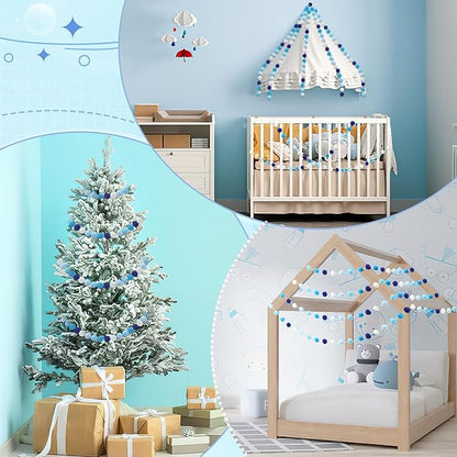 MARFOREVER 4 Pack 26.3 FT Hanukkah Pom Pom Garland, 30 Balls Blue White Winter Chanukkah Garland Hanging Supplies for Hanukkah Jewish Classroom Fireplace Wall Birthday Baby Shower Party Decoration