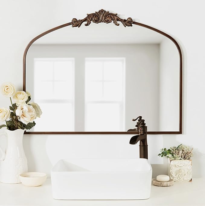 Kate and Laurel Arendahl Ornate Traditional Arched Mirror; 36 x 29; Bronze; Decorative Baroque Style Arched Wall Mirror with Wide Frame and Crown