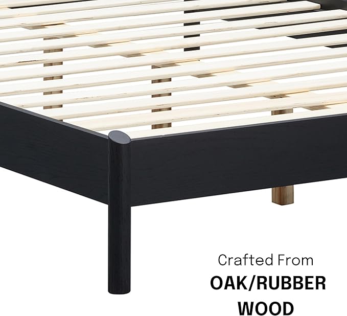 NTC Gem Wooden Bed Frame with Headboard and Natural Rattan, Solid Oak Foundation with Silent Slats, 1000 Lb Capacity, Effortless Assembly, Queen - Burnt Black