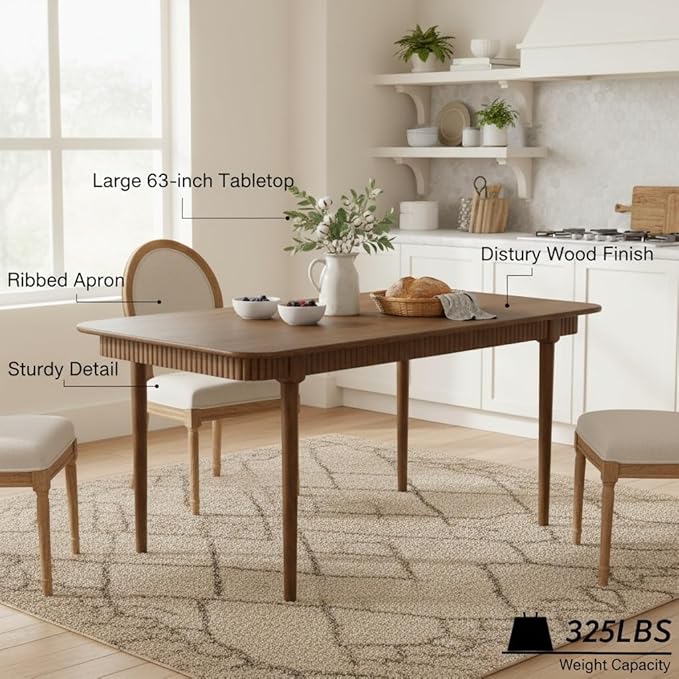 LukeAlon Mid-Century 63 Inch Solid Wood Dining Table for 4-6, Retro Farmhouse Kitchen Table with Large Tabletop, Modern Table for Dining Room, Living Room, Kitchen, Natural