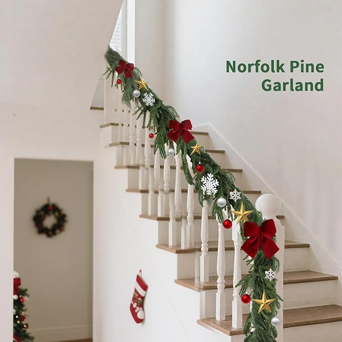 9FT Artificial Norfolk Pine Garlands for Christmas Decorations,Real Touch Winter Faux Greenery Garlands for Mantel Table Stair Fireplace Wall Holiday Indoor Outdoor Decor(1 Pack)