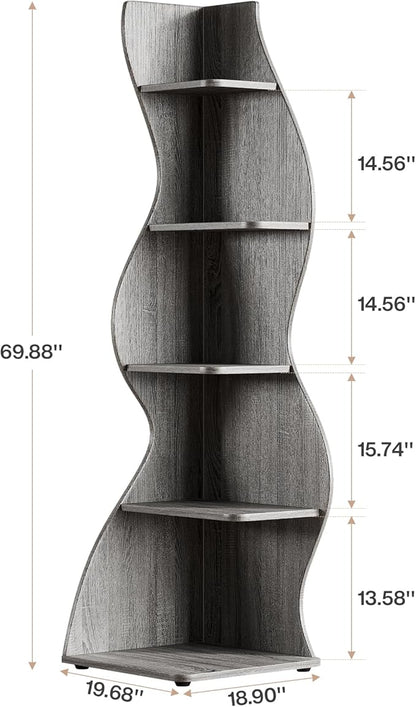 Tribesigns Wavy Corner Shelf, Modern 5-Tier Bookshelf Bookcase with Curvy Shape, Unique Plant Stand Display Rack for Living Room Small Space (Gray)
