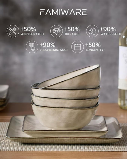 Famiware Dinnerware Sets for 8, Ocean Square 24-Piece Kitchen Plates and Bowls Sets, Microwave and Dishwasher Safe, Scratch Resistant, Light khaki