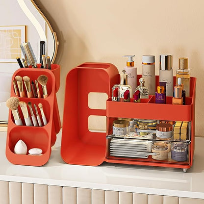 Makeup Organizer with Drawers for Vanity,Spacious Cosmetic Display Case,Perfect Storage Solution for Your Beauty Essential (Red)