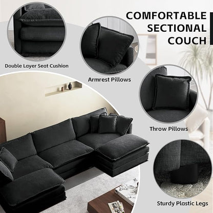 SoarFlash Chenille Sectional Sofa, Comfy L Shaped Modular Coush Sofa with Ottoman, Modern 3 Seat Couch Deep Seat Sofa Set for Living Room,Grey