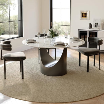 POVISON Round Dining Table for 4, 47" Glossy White Sintered Stone Top Dining Table with Grey Carbon Steel Pedestal, Modern Dining Room Table for Kitchen, Living Room (Table Only)