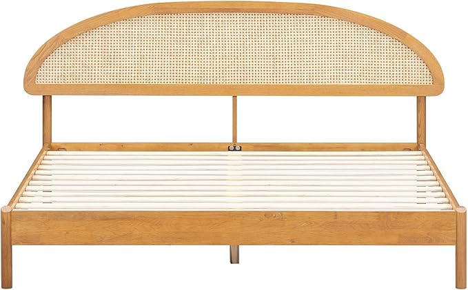 NTC Gem Wooden Bed Frame with Headboard and Natural Rattan, Solid Oak/Rubber Wood Foundation with Silent Slats, 1000 Lb Capacity, Effortless Assembly (Natural Cane - Rustic Oak, King)