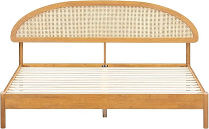 NTC Gem Wooden Bed Frame with Headboard and Natural Rattan, Solid Oak/Rubber Wood Foundation with Silent Slats, 1000 Lb Capacity, Effortless Assembly (Natural Cane - Rustic Oak, King)