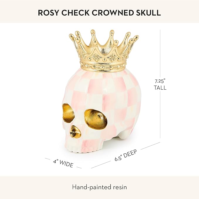 MACKENZIE-CHILDS Crowned Skull, Resin Halloween Home Decor, Pink-and-White Rosy Check
