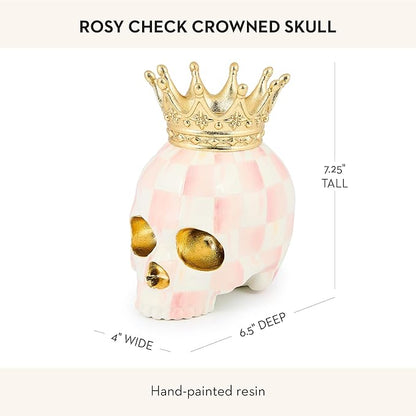 MACKENZIE-CHILDS Crowned Skull, Resin Halloween Home Decor, Pink-and-White Rosy Check