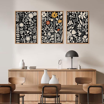 HOURIA Large Moody Boho Floral Framed Canvas Wall Art Set,Mid Century Black Flower Leaf Wall Decor,Retro Dark Wildflower Artwork,Minimalist Botanical Art Print for Living Room,Bedroom,Office-24"x36"x3
