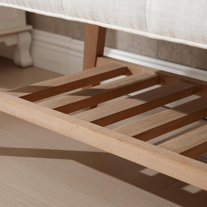 Wooden Entryway Bench for End of Bed Bench with Shoe Shelf Farmhouse Button Tufted Linen Fabric Upholstered Hallway Bench for Living Room/Bedroom/Hallway/Window Corner, Ivory