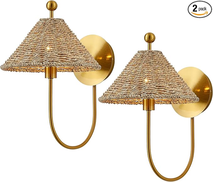 Boho Hand Woven Rattan Wall Scones Set of 2 Brass Wall Lamp Sconces Rustic Wall Lights for Bedside Hallway Vanity Stairway Fireplace Living Room, UL Listed