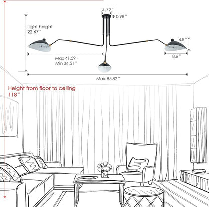 85" Mid-Century Chandelier, Matt Black Finish with Adjustable 3-Arms Large Pendant Lighting Fixture for Dining Room Living Room Kitchen Island Bedroom 3-Light
