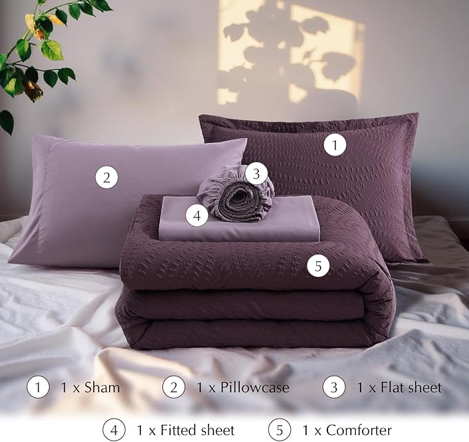 Geniospin Twin Comforter Set - 5 Pieces Purple Bedding Set, Botanical Textured Fall Comforter Set, All Season Comfortable Bed in a Bag with Comforter, Sheets, Pillowcase & Sham