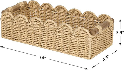 CubesLand Scalloped Edge Toilet Paper Storage Basket, Living Room Home Cozy Decor Basket, Paper Rope Small Baskets for Over Toilet Storage Shelf, Shelves, with 2 Wooden Handles, Beige