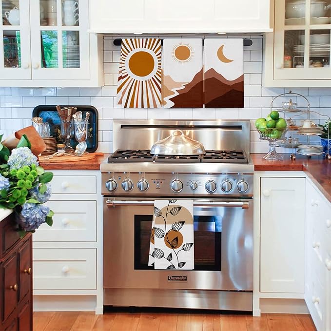 Boho Kitchen Dish Towels 4 Pack Mountains Rivers Sun and Moon Absorbent Tea Towels