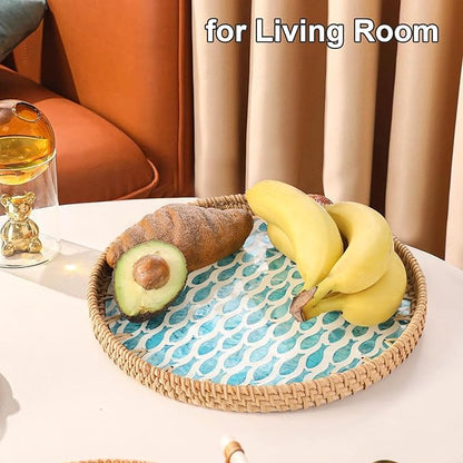 Round Rattan Tray with Mother of Pearl Inlay, Rattan Serving Tray for Coffee, Bread, Fruits, Decorative Wicker Tray for Table Decor, Home Decor, Kitchen Island Decor (Turquoise Fish, 11.8")