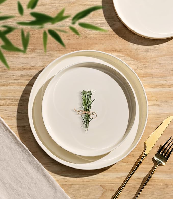 TheTerra Ceramic Dinnerware Sets for 6, 18 Pieces Porcelain Lightweight Plates and Bowls Sets, Scratch Resistant Dish Set, Oven & Microwave & Dishwasher Safe, Beige
