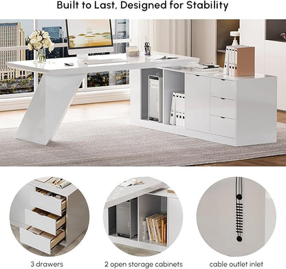 homary 70.9" Modern L-Shape Executive Desk, Home Office Desk with Drawers & Cabinet Modern Computer Desk for Home Business Furniture, White, Right Hand