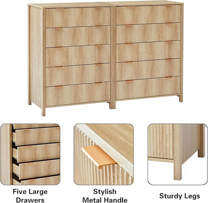 5 Drawer Double Dresser for Bedroom, Modern Wide Chest of Drawers with Fluted Panel Design,Wood Storage Dressers Chest of Drawers for Bedroom Living Room Hallway Closet,Natural,2 Sets
