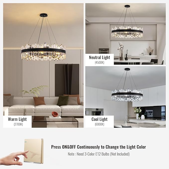 Siljoy Modern Crystal Chandelier 16-Light Farmhouse Black Round Crystal Raindrop Chandelier Industrial Dimmable Crystal Pendant Ceiling Light Fixture for Dining Living Room Entryway Foyer D31.5''