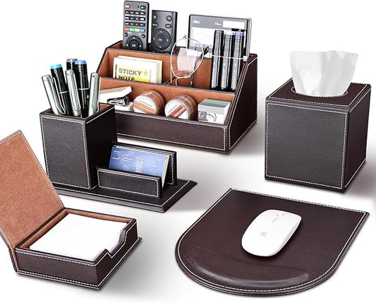 KINGFOM 5PCS Desk Organizer and Accessories Set, Pu Leather Office Supplies with Multifunction Desktop Organizer Box, Tissue Holder, Mouse Pad, Note Paper Holder, Pencil Holder for Desk Brown