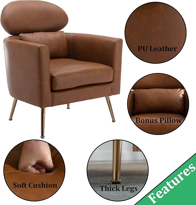 Brown Accent Chair PU Leather Upholstered Living Room Chairs Mid Century Modern Arm Chair w/Golden Legs for Bedroom/Reading/Lounge/Reception