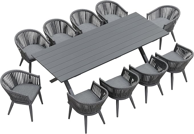 PURPLE LEAF 11 Pieces Outdoor Dining Set with Patio Aluminium Dining Table and Wicker Rattan Chairs Modern Furniture Cushions Sets for Backyard Indoor Decor Kitchen Grey