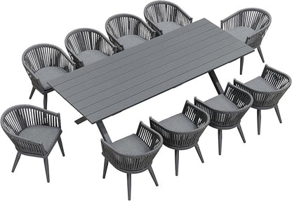 PURPLE LEAF 11 Pieces Outdoor Dining Set with Patio Aluminium Dining Table and Wicker Rattan Chairs Modern Furniture Cushions Sets for Backyard Indoor Decor Kitchen Grey