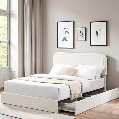 Queen Size Boucle Upholstered Platform Bed Frame, with 4 Drawers Storage, Curved Stitched Tufted Headboard, Wooden Slat Mattress Support, Noise Free, Easy Assembly, No Box Spring Needed, Ivory