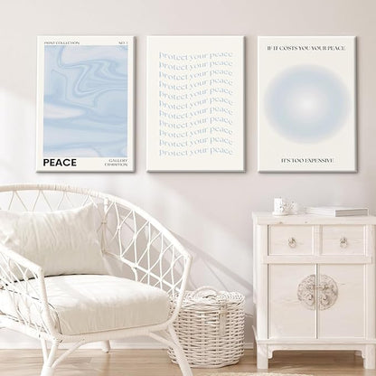 Blue Aura Wall Art Decor Retro Aesthetic Canvas Wall Art Pastel Abstract Pictures Prints Preppy Gradient Spiritual Poster Trendy Artwork Blue Painting for Room Bedroom 12x16 Inch Framed Set of 3