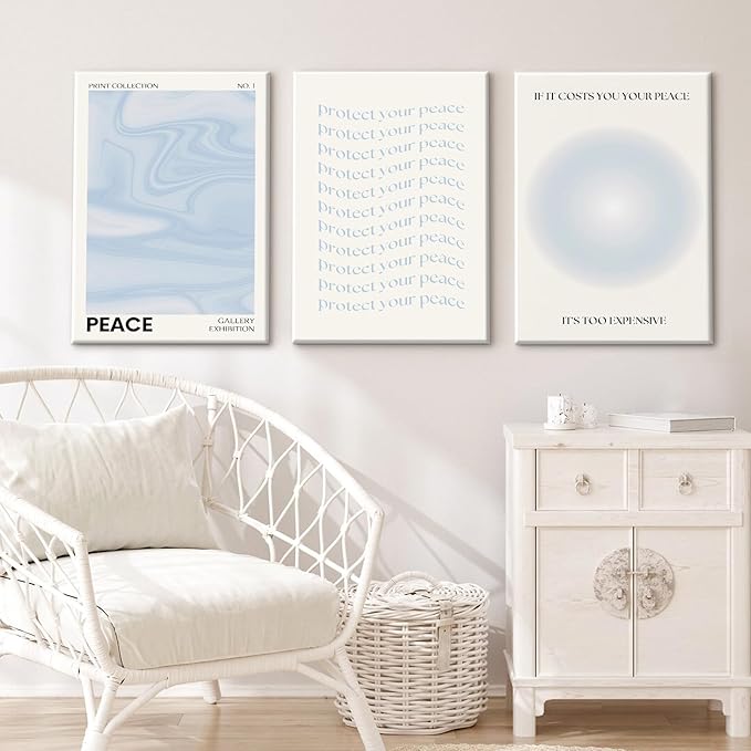 Blue Aura Wall Art Decor Retro Aesthetic Canvas Wall Art Pastel Abstract Pictures Prints Preppy Gradient Spiritual Poster Trendy Artwork Blue Painting for Room Bedroom 16x24 Inch Framed Set of 3