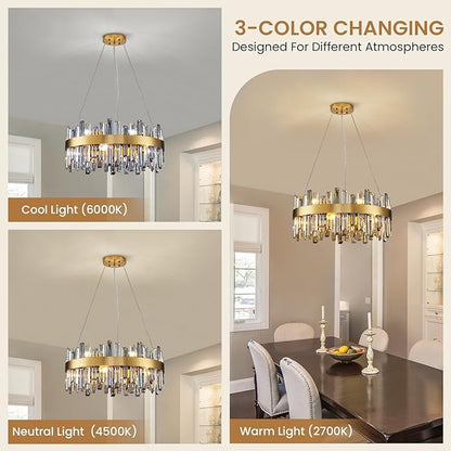 Siljoy Modern Crystal Chandeliers, 12 Lights Brass Gold Raindrop Crystal Chandelier Lighting, Adjustable Hanging Pendant Light Fixture for Dining Room Living Room Kitchen Island D23.6''