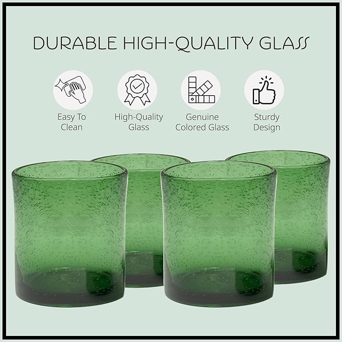 Artland 14oz Double Old Fashion Glass, Set of 4 | Iris Seeded Design, Green | Drinking Glass for Parties and Everyday Use - Mojito, Whiskey, Cocktail | Glassware & Barware Essentials
