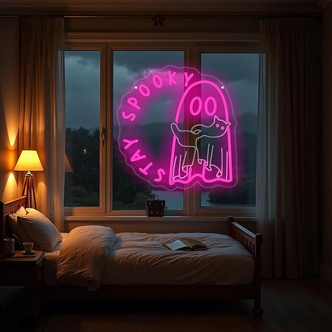 Ghost holding a cat Stay Spooky Neon Sign, Funny Halloween Party Wall Decor, Spooky Season Room Sign for Boo Wall Decor Neon Light for Bar Man Cave Home Yard Decoration Funny Spooky Vibes-Pink