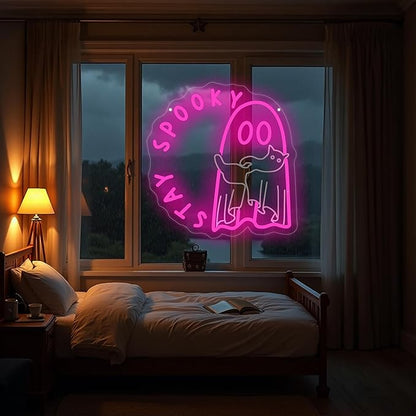 Ghost holding a cat Stay Spooky Neon Sign, Funny Halloween Party Wall Decor, Spooky Season Room Sign for Boo Wall Decor Neon Light for Bar Man Cave Home Yard Decoration Funny Spooky Vibes-Pink