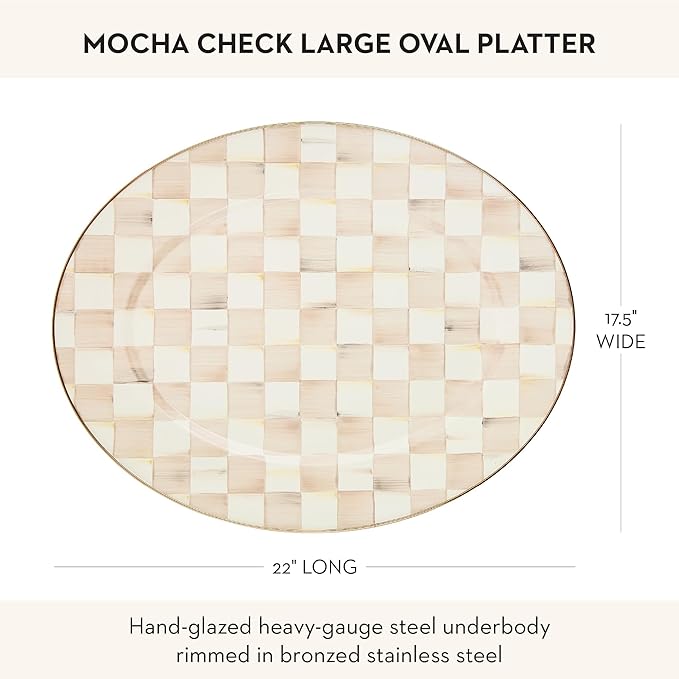 MACKENZIE-CHILDS Enamel Oval Platter, Serving Plate for Entertaining, Large, Brown-and-White Mocha Check