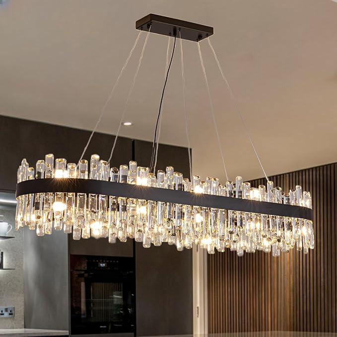 Siljoy Modern Crystal Chandelier for Dining Room, 20 Lights Large Black Rectangular 2-Tiers K9 Crystal Raindrop Chandelier Pendant Ceiling Light Fixture for Living Room Kitchen Island Bar L52’’