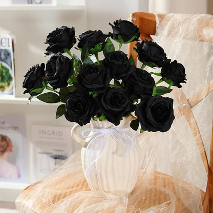 Nubry 50pcs Artificial Silk Roses Bulk,Fake Roses Flower with Stems Realistic Flowers for Wedding Centerpiece Home Party Decor(Black)