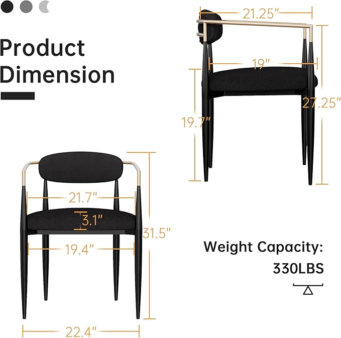 Morden Fort Black Modern Dining Chairs Set of 2, Boucle Upholstered Accent Dining Chairs with Gold Armrest and Curved Backrest for Kitchen, Living Room and Lounge