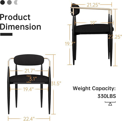 Morden Fort Black Modern Dining Chairs Set of 2, Boucle Upholstered Accent Dining Chairs with Gold Armrest and Curved Backrest for Kitchen, Living Room and Lounge