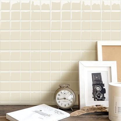 Alwayspon 10 Sheets 10"x10" Beige 3D Vinyl Backsplash Tiles, Self-Adhesive Peel and Stick Wall Tile Stickers Stick on Subway Tiles for Kitchen Bathroom Wall
